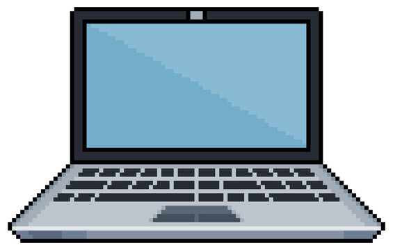 Pixel art laptop computer icon for 8bit game on white background.

