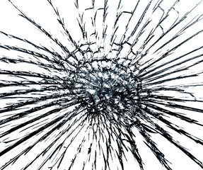 broken forced  glass, closeup on white background