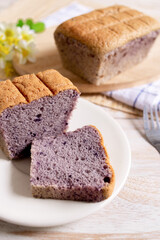 purple sweet potato cake on wooden table