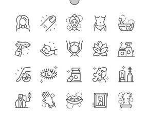 Aesthetics. Body care and manicure. Beautiful girl. Aromatherapy. Cosmetology, woman, beauty. Pixel Perfect Vector Thin Line Icons. Simple Minimal Pictogram