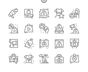Product promotion. Hot discounts and sale. Video advertisement. Online store. Promoter. Pixel Perfect Vector Thin Line Icons. Simple Minimal Pictogram