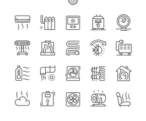 Heating. Temperature regulator. Electric batteries. Smart heating. Fireplace. Pixel Perfect Vector Thin Line Icons. Simple Minimal Pictogram