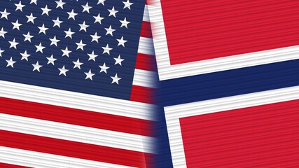 Fototapeta premium Norway and United States of America Flags Together Fabric Texture