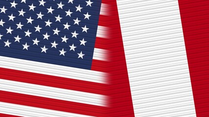 Fototapeta premium Peru and United States of America Flags Together Fabric Texture