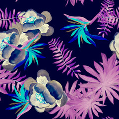 Navy Tropical Plant. Violet Seamless Design. Blue Pattern Botanical. Pink Drawing Design. Indigo Floral Background. Purple Decoration Illustration. Decoration Foliage.