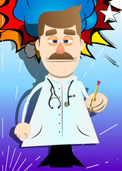 Funny cartoon doctor holding a pencil in his hand. Vector illustration.