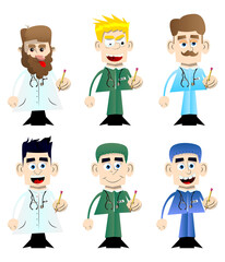 Funny cartoon doctor holding a pencil in his hand. Vector illustration.