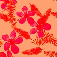 Red Seamless Leaves. Scarlet Pattern Background. Coral Tropical Exotic. Ruby Flower Botanical. Pink Drawing Texture. Spring Leaves. Flora Illustration. Floral Leaves.