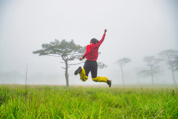 landscape of Bolaven Plateau at champasak province ,laos and traveller taking a happiness