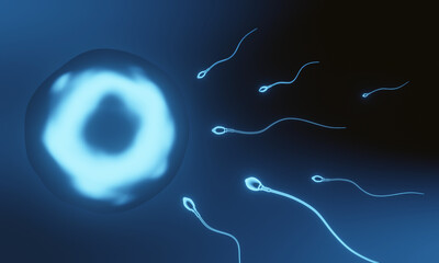 3D Blue microscopic sperm and egg cell.