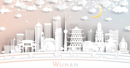 Wuhan China City Skyline in Paper Cut Style with White Buildings, Moon and Neon Garland.