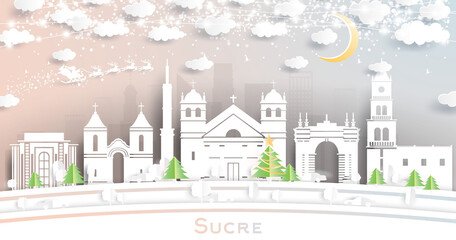 Sucre Bolivia City Skyline in Paper Cut Style with Snowflakes, Moon and Neon Garland.