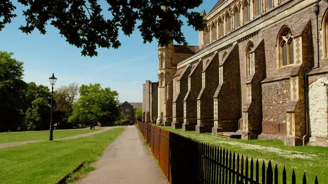 The exterior of St Albans Cathedral, in St Albans, Hertfordshire, England, whose architecture dates back to Norman times in 1077
