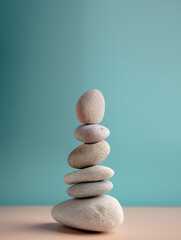 Harmony, Calm, Mind, Life Relaxing and Living by Nature Concept. High Natural Stone Stack. Balancing Body, Mind, Soul and Spirit. Mental Health Practice. Clean and Soft tone. Vertical image