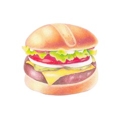 Hamburger drawing with color pencil. Hand drawing.