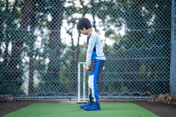 Young boy playing cricket. Indian child holding cricket bat in front of wickets in the nets at park