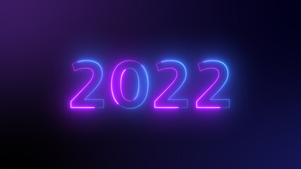 number 2022 neon light bright glowing. 2022 happy New Year dark background with decoration with neon number  on Purple and blue background. illustration winter holiday greeting card template.
