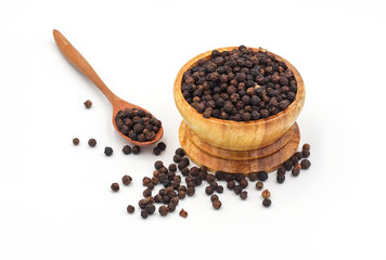 black pepper in a wooden bowl isolated on white background