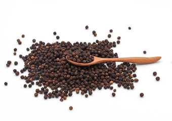 black pepper in a wooden bowl isolated on white background