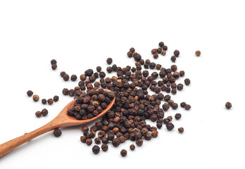 black pepper in a wooden bowl isolated on white background