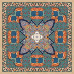 traditional square scarf with different geometric and paisley pattern