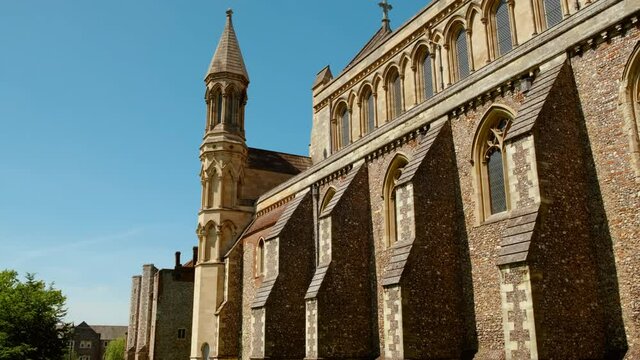The exterior of St Albans Cathedral, in St Albans, Hertfordshire, England, whose architecture dates back to Norman times in 1077