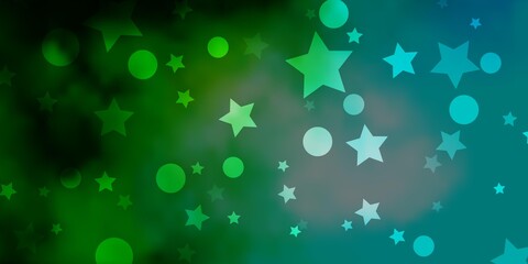 Light Blue, Green vector background with circles, stars.