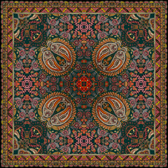 traditional square scarf with different geometric and paisley pattern
