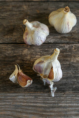 Garlic on an old wooden table