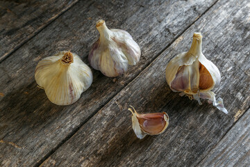 Garlic on an old wooden table