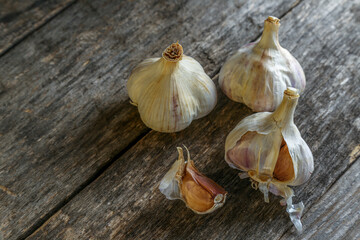 Garlic on an old wooden table
