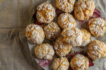 Homemade cookies on a table with a linen tablecloth