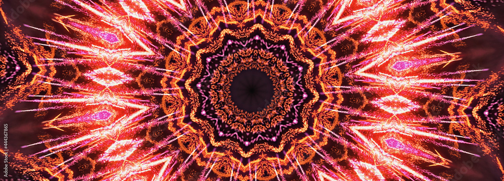 Poster abstract 3d rendering red graphic art symbol mandala banner. 3d illustration pink red gradient kalei