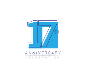 17th anniversary blue colored vector design for birthday celebration, isolated on white background