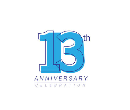 13th anniversary blue colored vector design for birthday celebration, isolated on white background