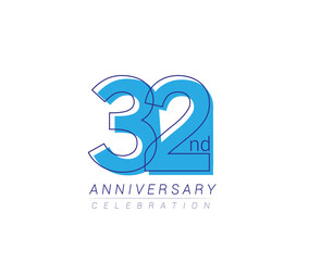 32nd anniversary blue colored vector design for birthday celebration, isolated on white background