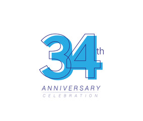 34th anniversary blue colored vector design for birthday celebration, isolated on white background