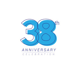 38th anniversary blue colored vector design for birthday celebration, isolated on white background