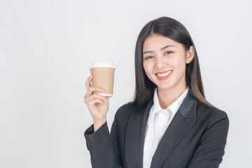 Portrait beautiful working Asian woman with happiness holding coffee cup on white background