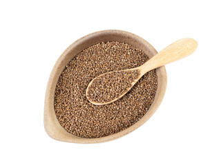 Top view, flat lay of Perilla seed in wooden spoon over old clay brown bowl isolated on a white background. Healthy food..
