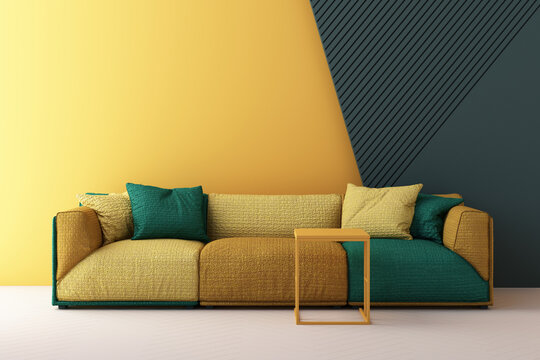 yellow and green color chairs, sofa, armchair in empty background. surrounding by geometric shape Concept of minimalism & installation art. 3d rendering mock up