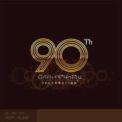 90th anniversary logotype with glitter and shiny golden colored isolated on elegant background.