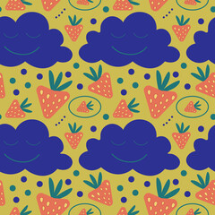 strawberry cloud funny children's illustration, seamless pattern on a yellow background, dreams, berry, dots, blank for packaging, printed products , children's textiles
