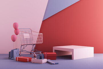 Supermarket shopping cart surrounding by giftbox and geometric shape on pink and blue background. 3d rendering