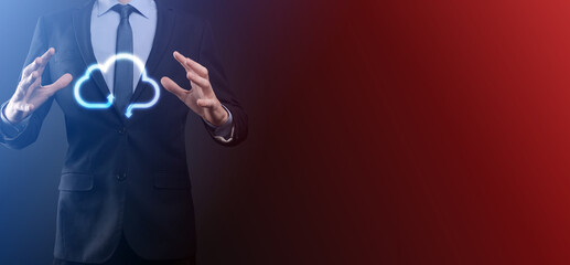 Businessman hold cloud icon.Cloud computing concept - connect smart phone to cloud. computing network information technologist with smart phone.Big data Concept.