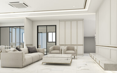 White Modern classic interior design living and dining room with classical element molding cornice a bit gold texture and wall decoration and gray sofa armchair 3d rendering