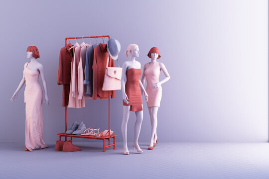 Clothes mannequins a hanger surrounding by bag and market prop with geometric shape on the floor in pink and blue color. 3d rendering