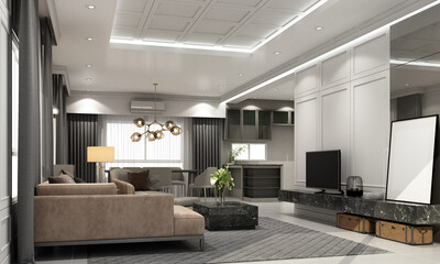 gray Modern classic interior design living and dining room with classical element molding cornice a bit brown leather texture and black marble wall decoration and gray sofa armchair 3d rendering