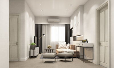 gray Modern classic interior design stair hall living area with classical element molding cornice a bit brown leather texture and black marble wall decoration and gray sofa armchair 3d rendering