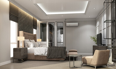 gray Modern classic interior design bedroom with classical element molding cornice a bit brown leather texture and black marble wall decoration and gray bed and armchair 3d rendering